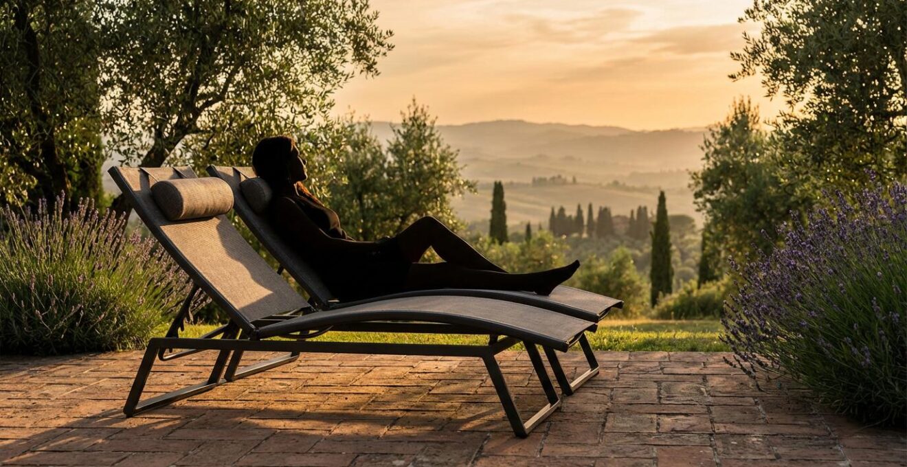 Vista ravvicinata di una sedia da giardino ergonomica in alluminio e textilene con cuscino lombare, posizionata in un giardino mediterraneo italiano