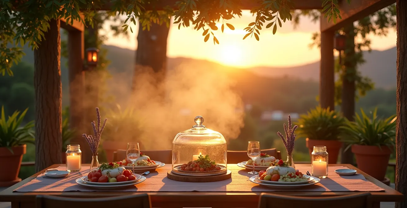 Sistema di protezione antizanzare su terrazzo con nebulizzatori perimetrali e candele alla citronella posizionate strategicamente