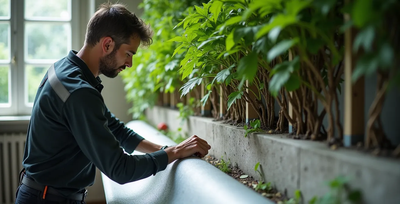 Dettaglio tecnico della struttura di una parete verde con camera d'aria e sistema di impermeabilizzazione visibile