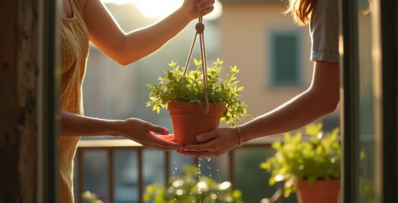 Sistema di carrucola per abbassare le fioriere sospese durante l'irrigazione