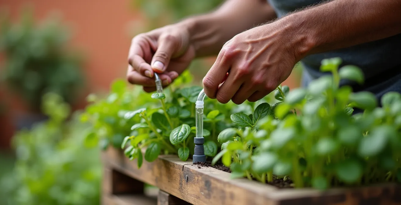 Sistema di irrigazione a goccia per giardino verticale con pallet