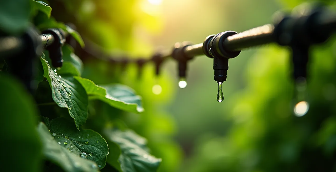 Sistema di irrigazione a goccia installato su parete verde verticale con tubi e gocciolatori