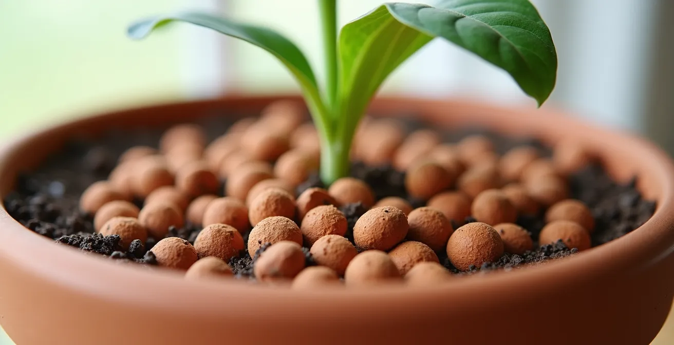 Vaso con strato di argilla espansa che previene la deposizione delle uova di moscerini