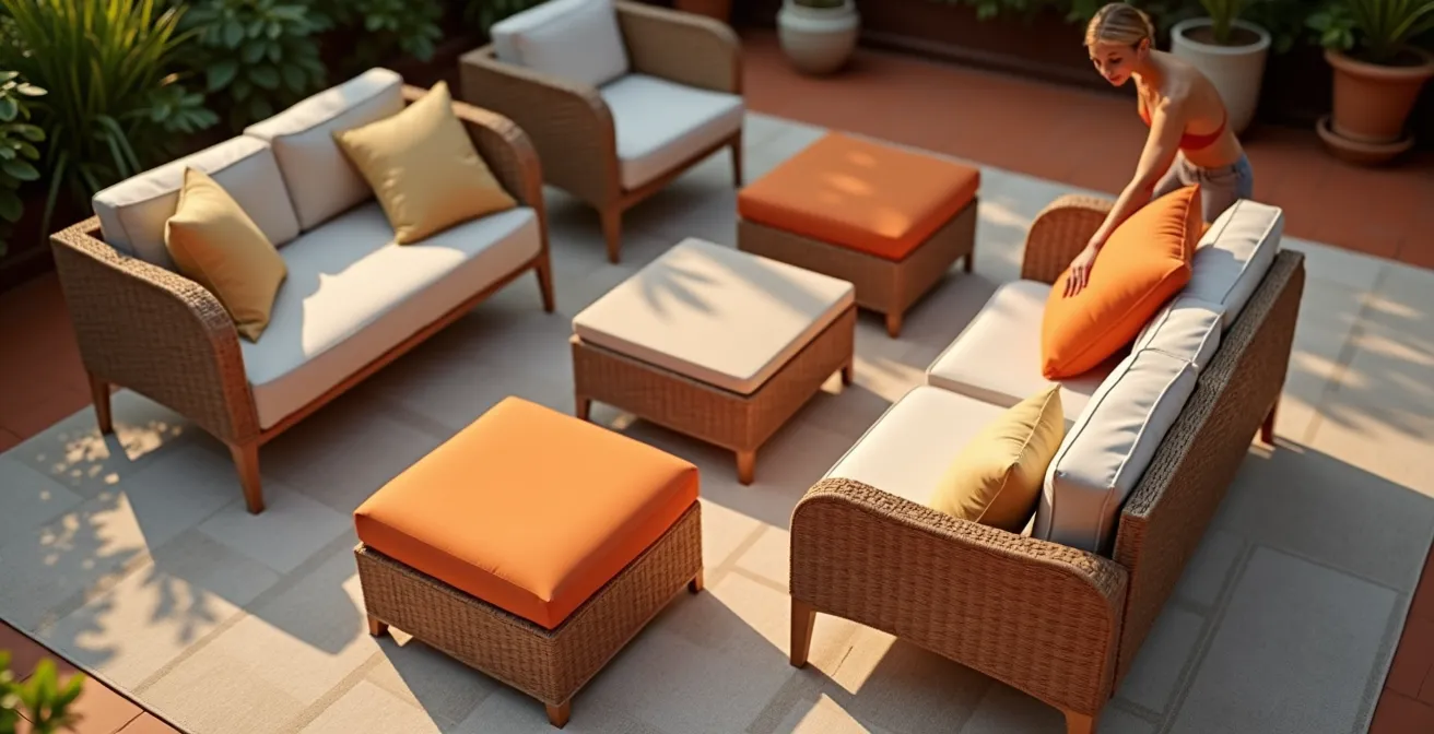 Grande tappeto da esterno che unifica visivamente moduli divano di collezioni diverse