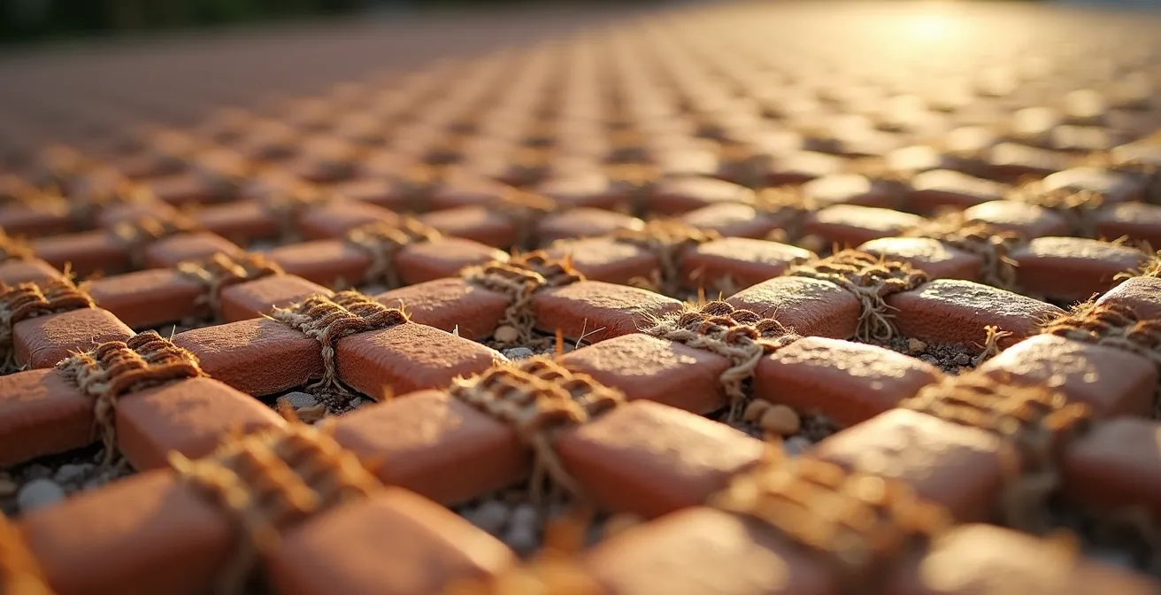 Dettaglio di tappeto a trama larga su pavimento in gres scuro al sole estivo