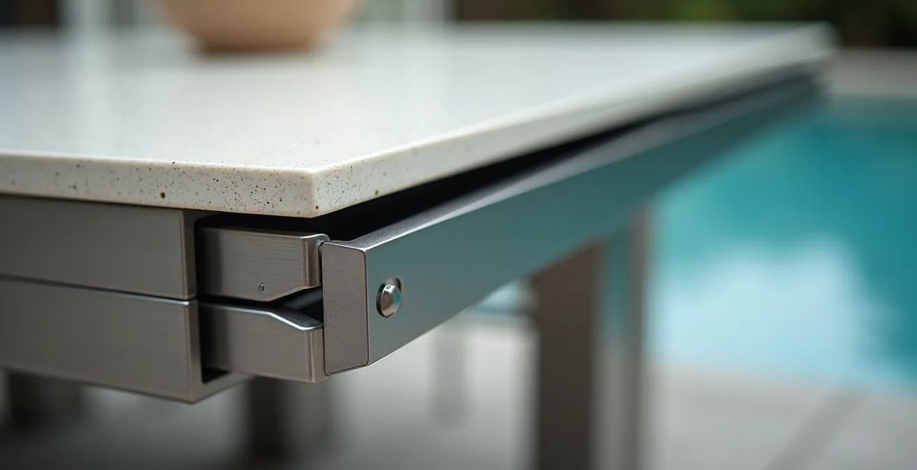 Dettaglio macro del meccanismo di estensione di un tavolo allungabile italiano