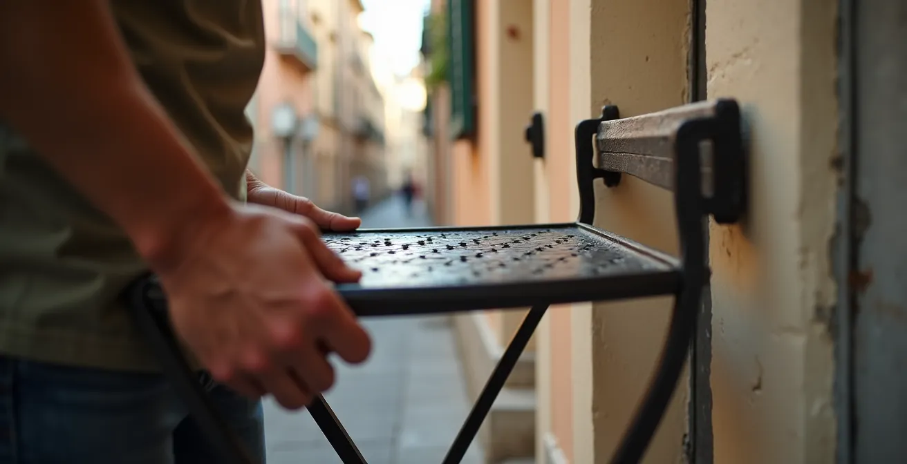 Tavolo bistro pieghevole appeso elegantemente al muro come elemento decorativo