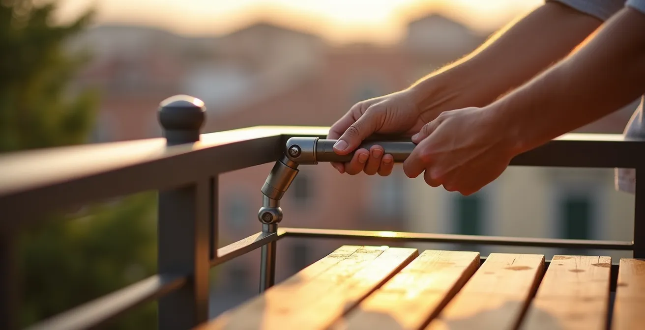 Tavolo da ringhiera montato su balcone italiano con sistema di fissaggio sicuro