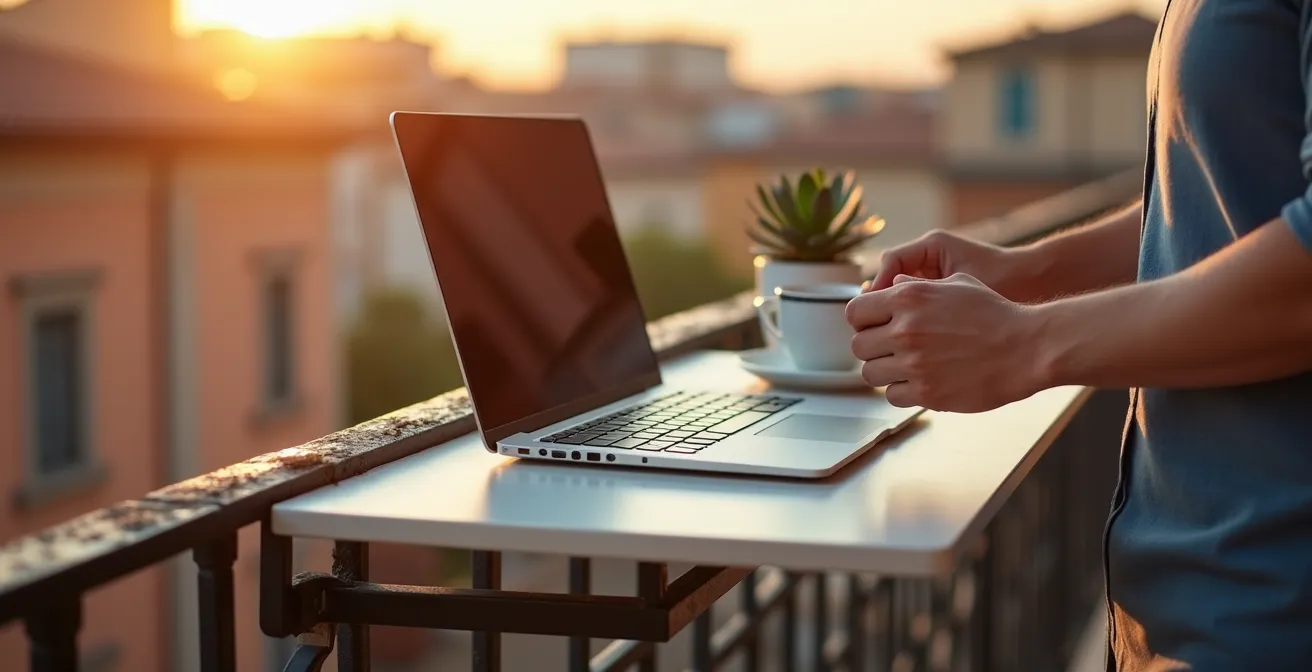 Tavolo da ringhiera montato su balcone con laptop e tazza di caffè in uso