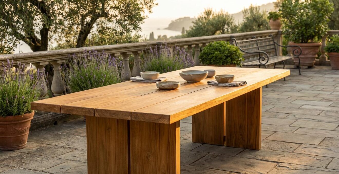 Tavolo in teak massello elegante posizionato in un giardino mediterraneo all'ora dorata