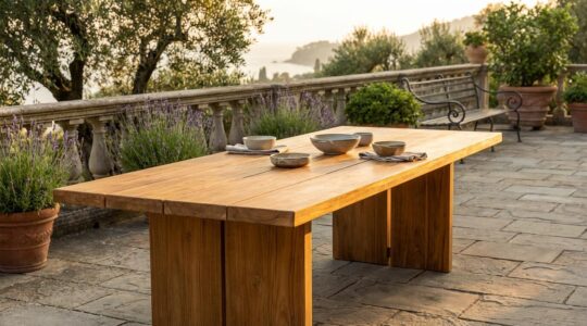 Tavolo in teak massello elegante posizionato in un giardino mediterraneo all'ora dorata