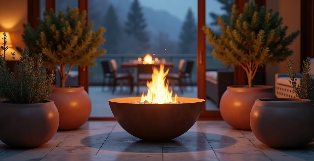 Terrazzo italiano con braciere in corten e composizione di piante mediterranee sempreverdi illuminate