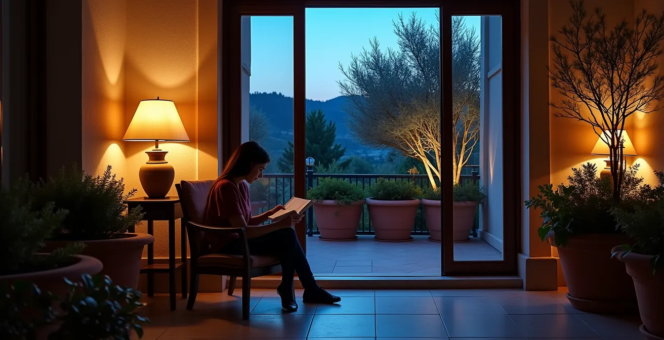 Vista serale di un terrazzo italiano con illuminazione strategica che amplia lo spazio