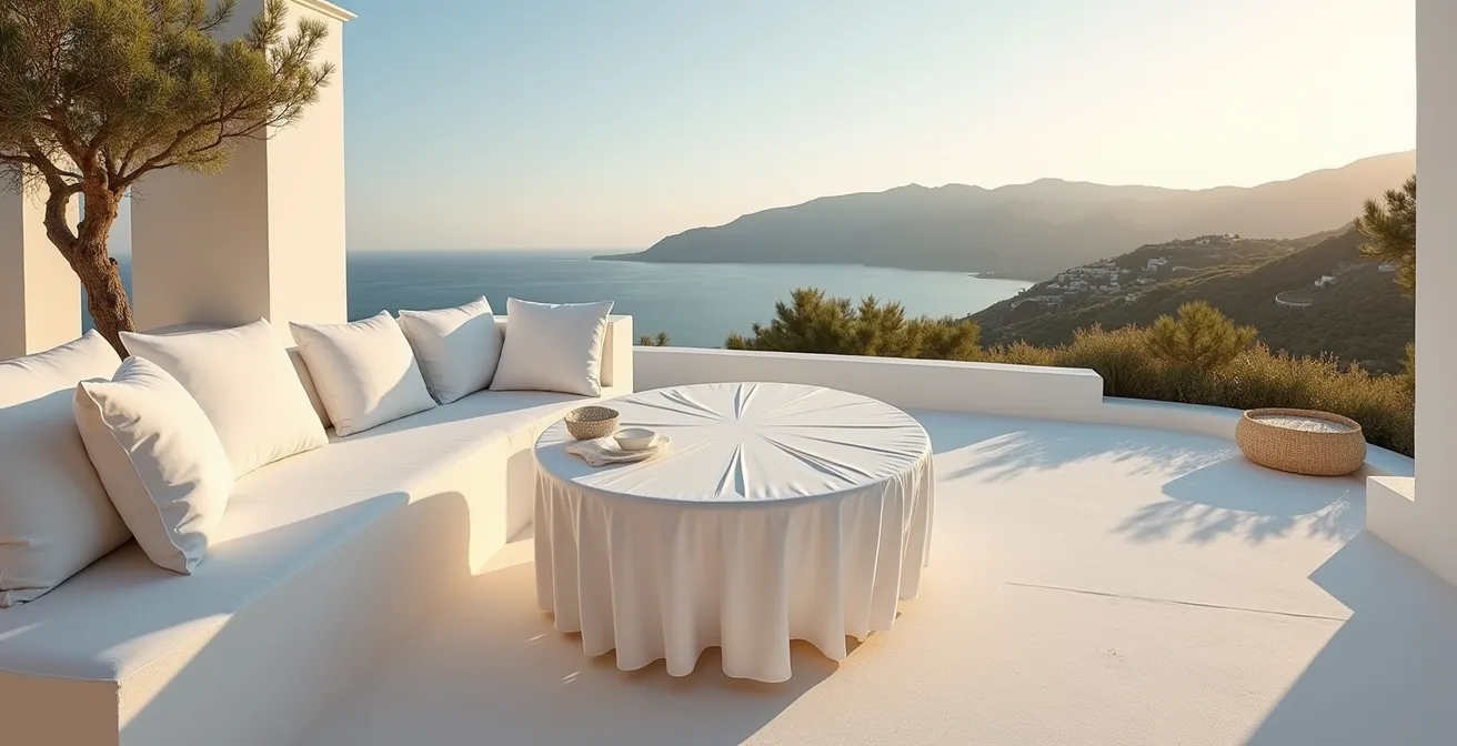 Terrazzo mediterraneo con arredo total white e tessuti antimacchia sotto il sole estivo