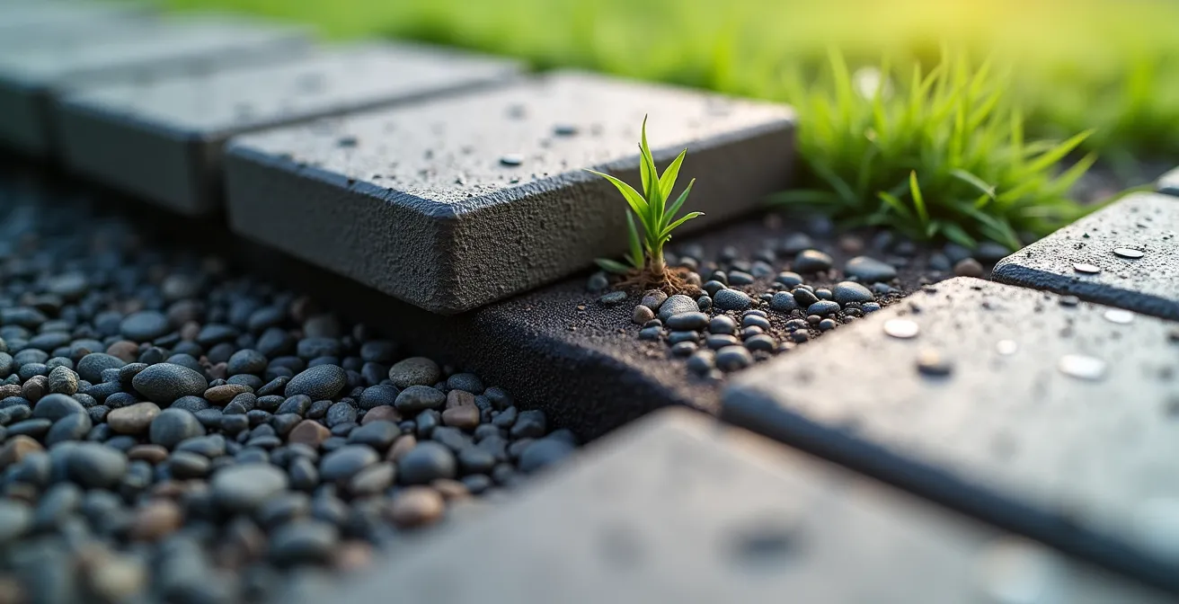 Dettaglio macro della posa di geotessile sotto pavimentazione drenante