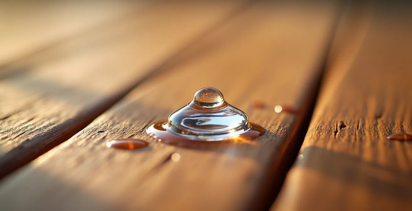 Macro dettaglio del test della goccia d'acqua su superficie di legno iroko