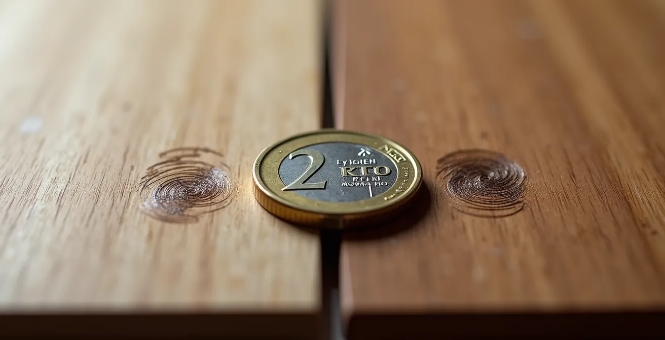 Dettaglio macro di superfici HPL e WPC con test di graffiatura con moneta