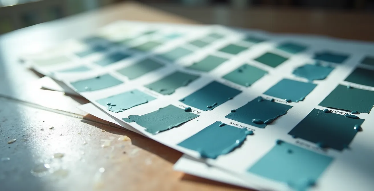 Campioni di vernice grigia sotto diverse condizioni di luce che rivelano sottotoni blu e verdi