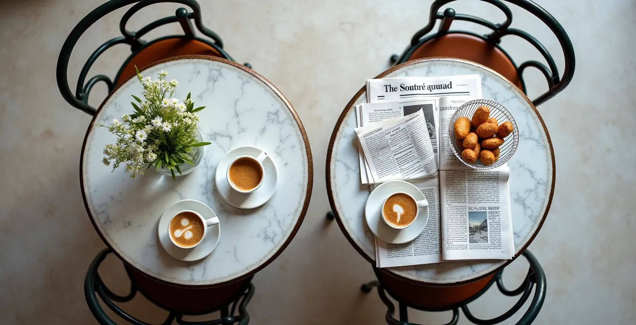 Vista dall'alto di due tavoli bistro con colazione italiana per confronto spazio