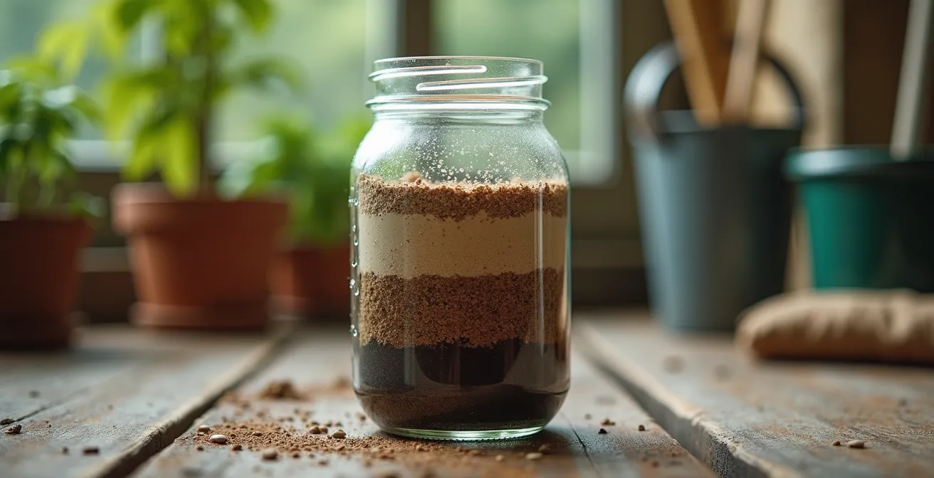 Test del vasetto per analizzare la tessitura del terreno con strati di sabbia, limo e argilla visibili