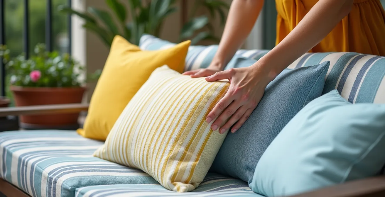 Tre cuscini coordinati su panca da terrazzo con palette colori ispirate alle regioni italiane