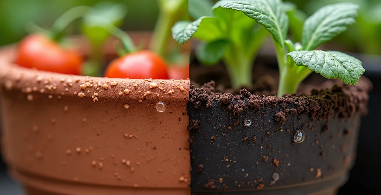 Confronto visivo tra vasi in terracotta e plastica riciclata per ortaggi