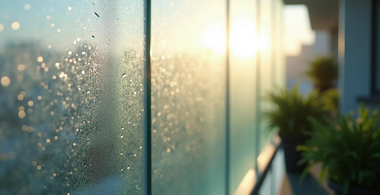 Vetrata satinata su balcone che garantisce privacy mantenendo la luminosità naturale