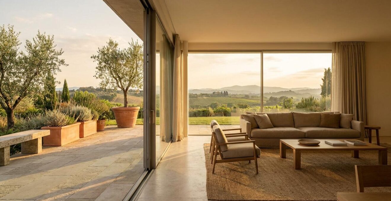 Vista panoramica di un soggiorno luminoso con vetrate scorrevoli che si aprono su un giardino mediterraneo