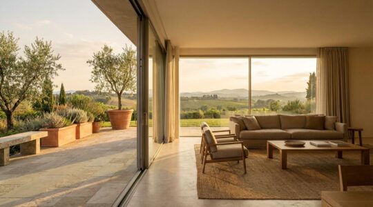 Vista panoramica di un soggiorno luminoso con vetrate scorrevoli che si aprono su un giardino mediterraneo