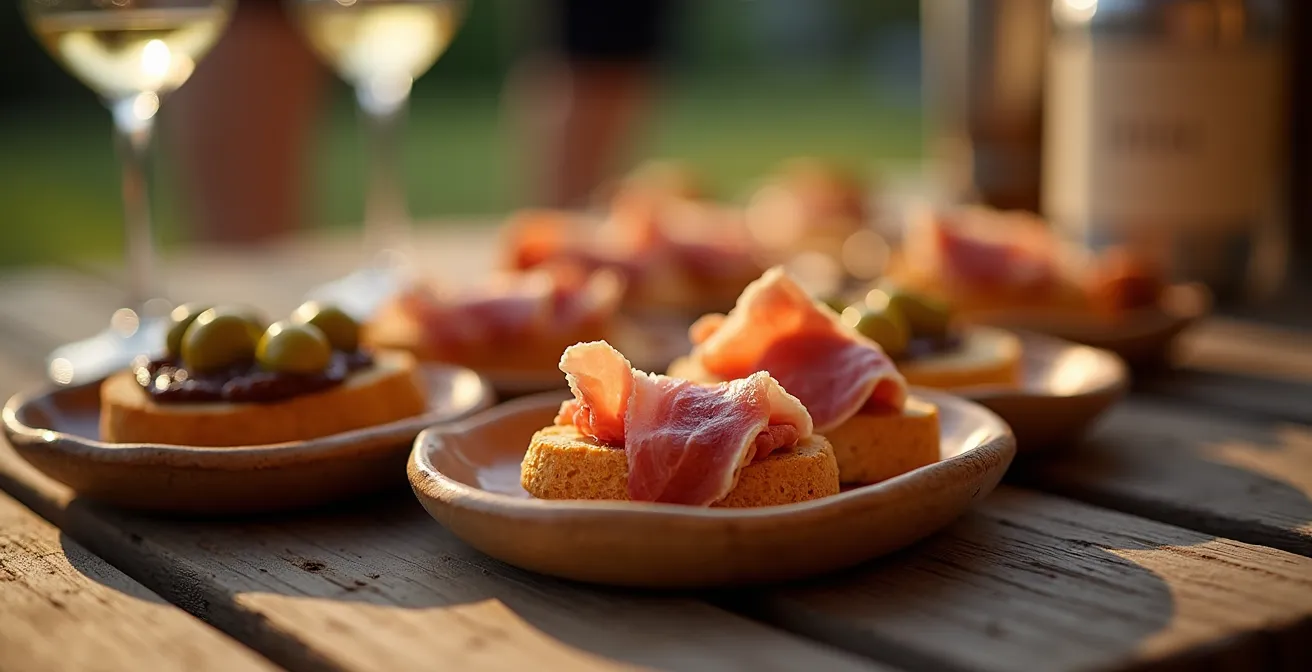 Vista dall'alto di un terrazzo suddiviso in tre zone funzionali per una festa