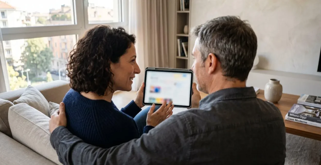 Una coppia italiana di mezza età seduta su un divano moderno consulta insieme un tablet in un soggiorno luminoso