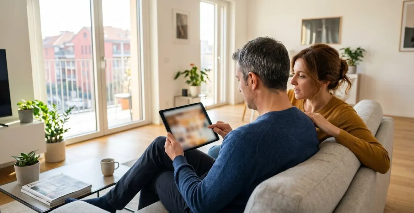 Una coppia italiana di mezza età seduta su un divano moderno consulta insieme un tablet in un soggiorno luminoso