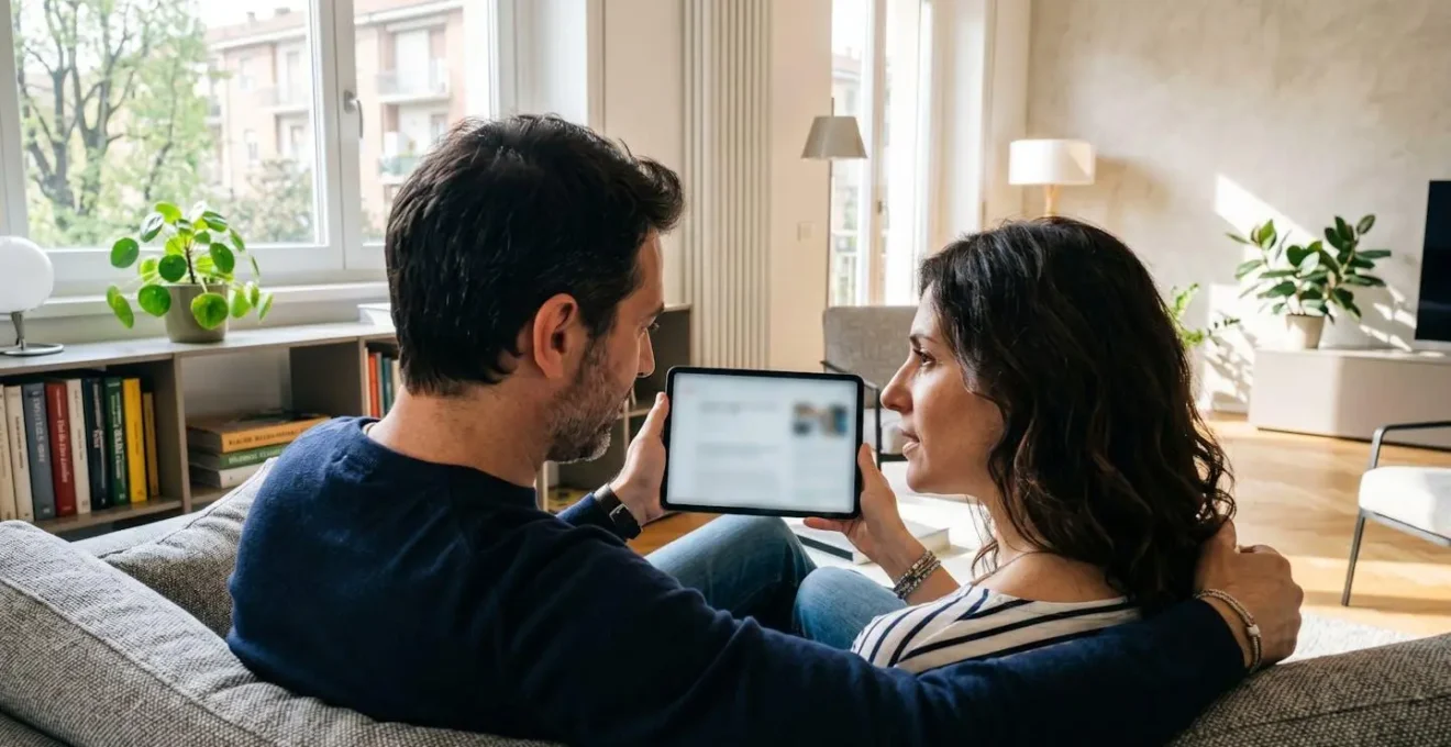 Una coppia italiana di mezza età seduta su un divano moderno consulta insieme un tablet in un soggiorno luminoso