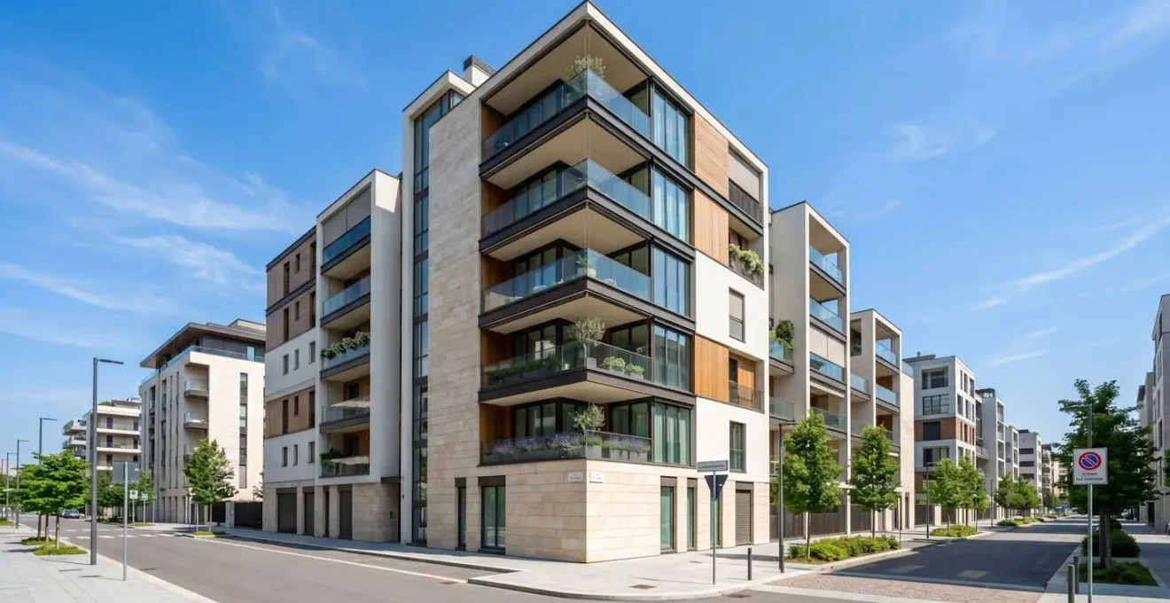Vista grandangolare di una facciata di edificio residenziale moderno in un quartiere urbano italiano con architettura contemporanea sotto luce naturale diurna