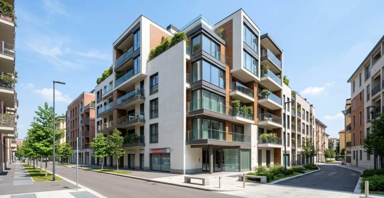 Vista grandangolare di una facciata di edificio residenziale moderno in un quartiere urbano italiano con architettura contemporanea sotto luce naturale diurna