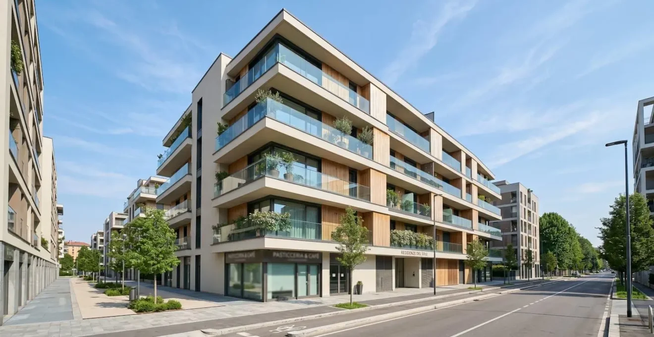 Vista grandangolare di una facciata di edificio residenziale moderno in un quartiere urbano italiano con architettura contemporanea sotto luce naturale diurna