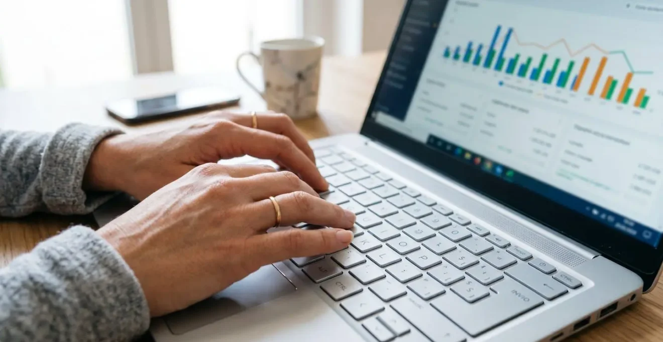 Primo piano ravvicinato di mani che digitano su una tastiera moderna di laptop con grafici immobiliari parzialmente visibili sullo schermo sfocato