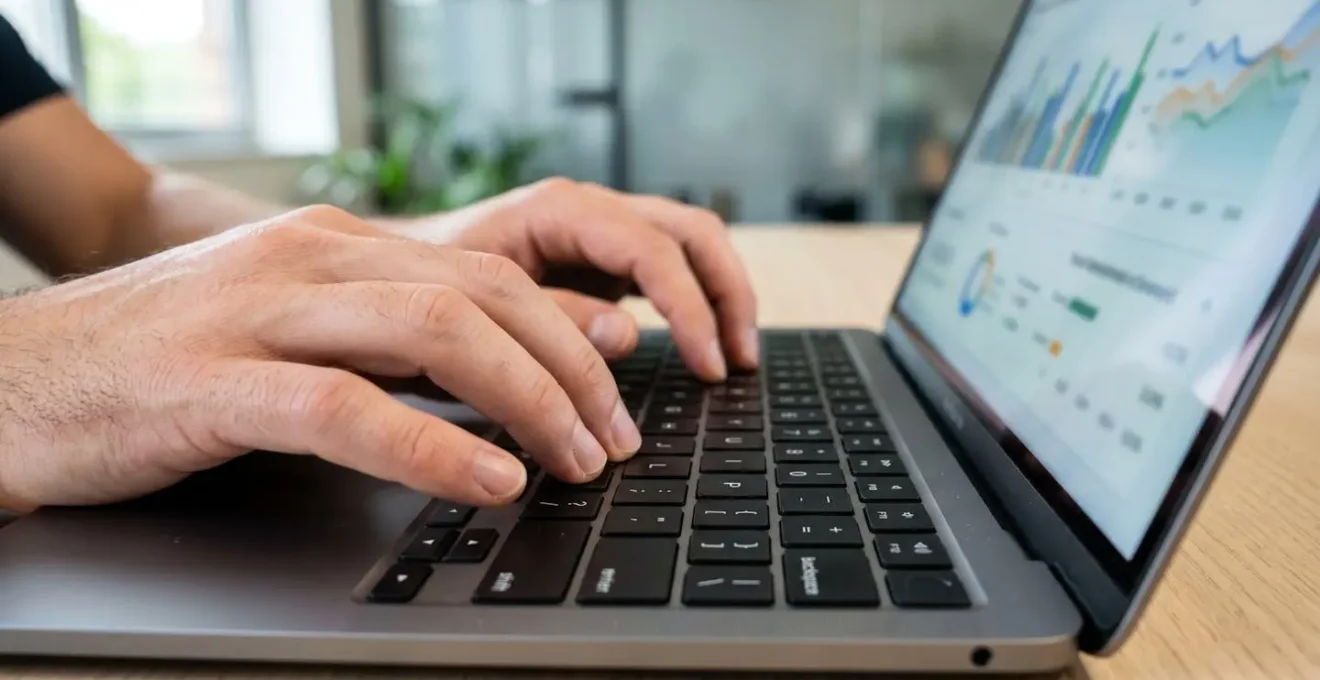 Primo piano ravvicinato di mani che digitano su una tastiera moderna di laptop con grafici immobiliari parzialmente visibili sullo schermo sfocato