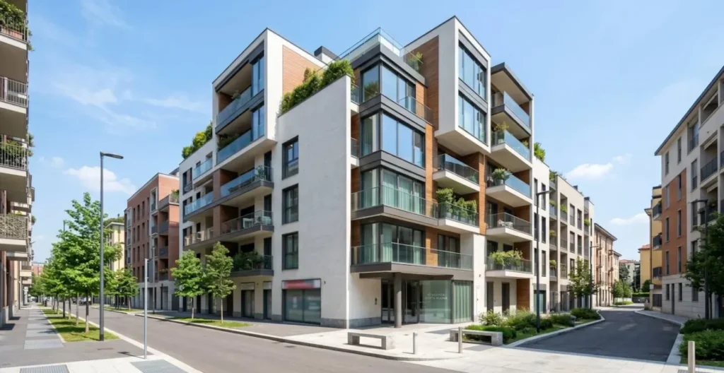 Vista grandangolare di una facciata di edificio residenziale moderno in un quartiere urbano italiano con architettura contemporanea sotto luce naturale diurna Vista grandangolare di una facciata di edificio residenziale moderno in un quartiere urbano italiano con architettura contemporanea sotto luce naturale diurna